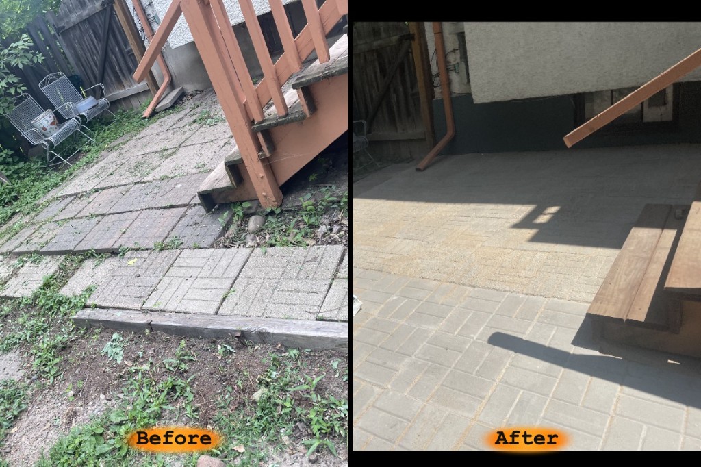 Before and after of a refinished patio with rebuilt wood steps